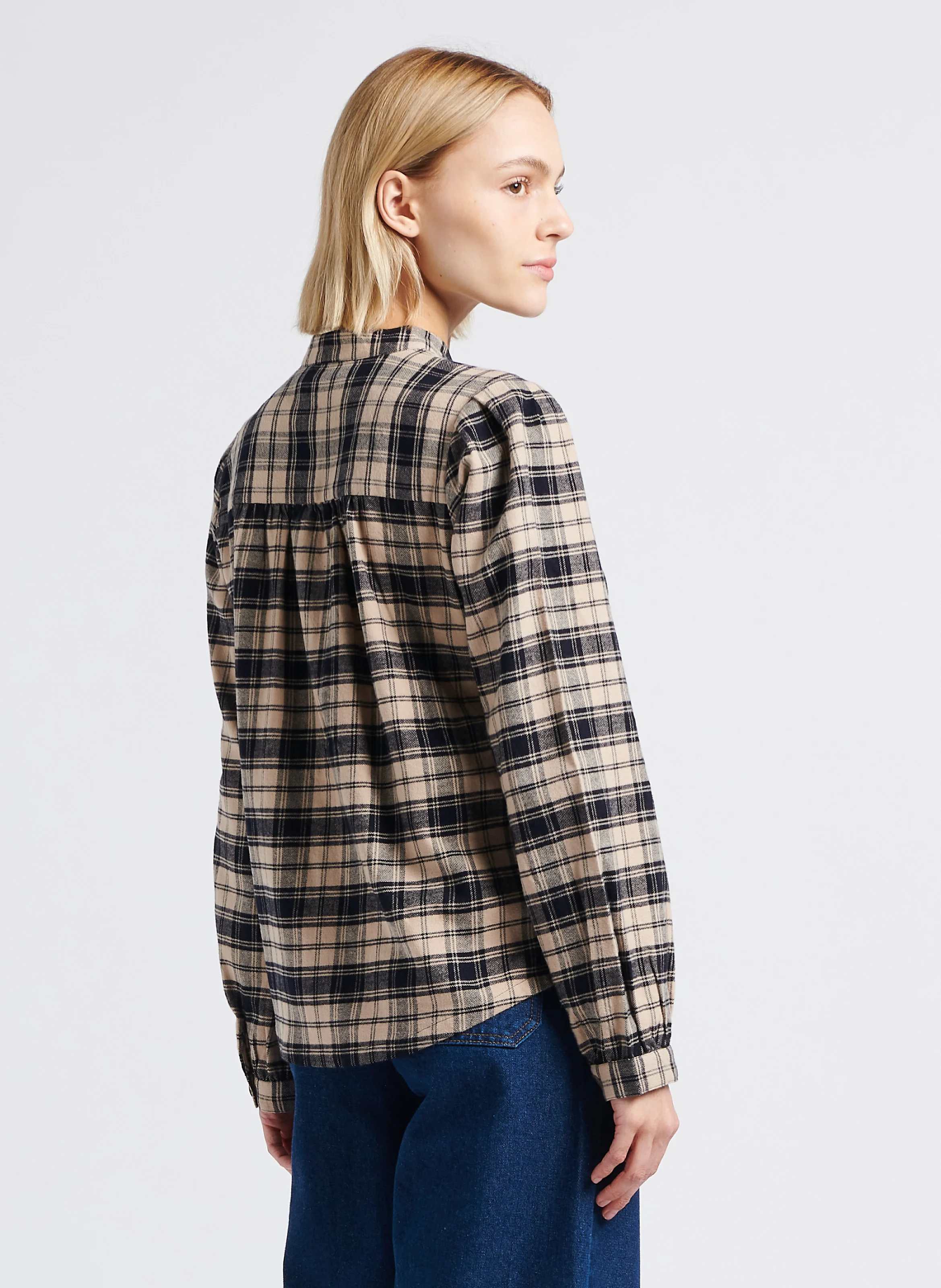 CHRONO - Blouse col rond à carreaux en coton| Noir