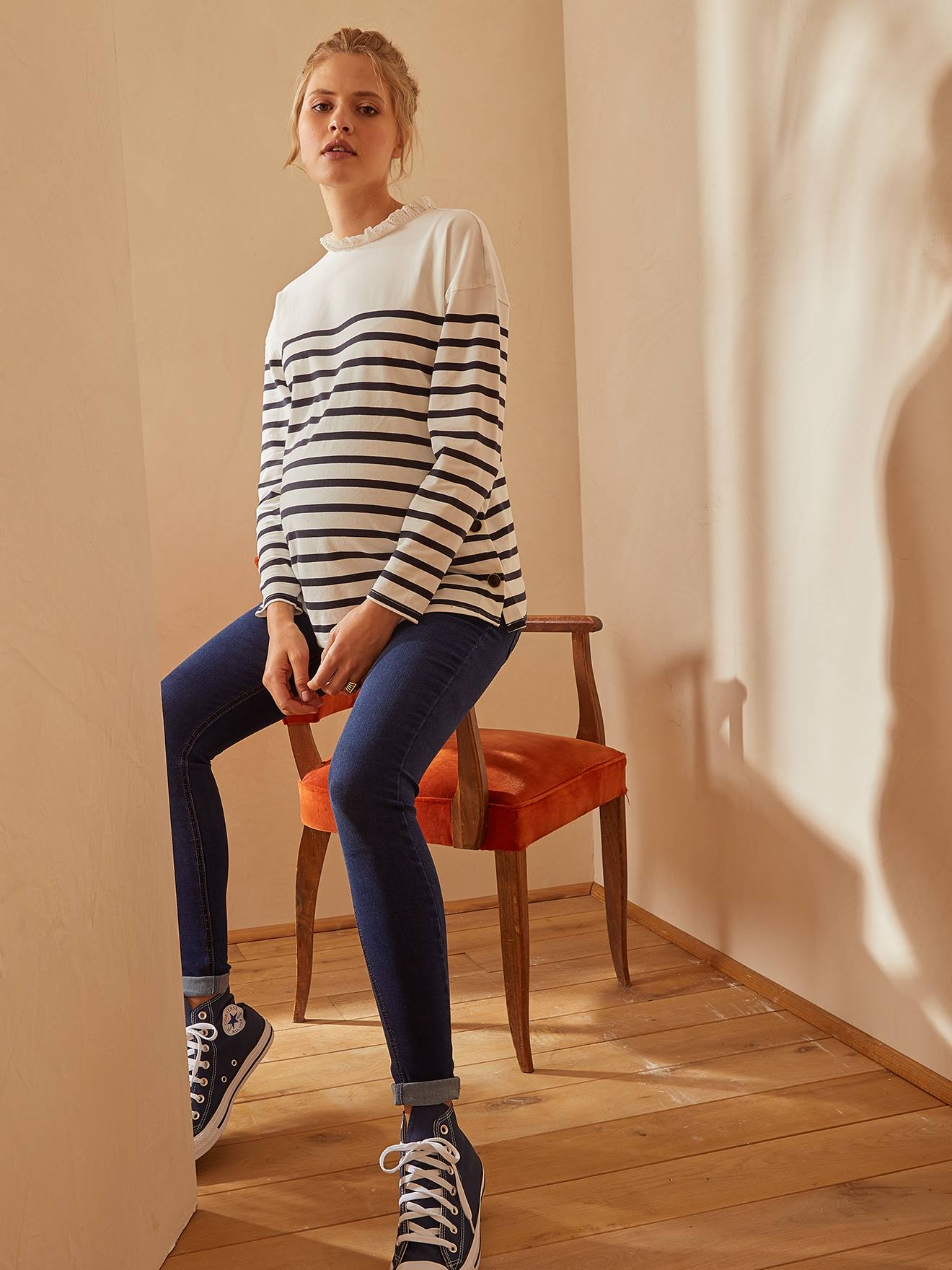 Calça jeans skinny de gestante com cós sem costura, azul escuro liso
