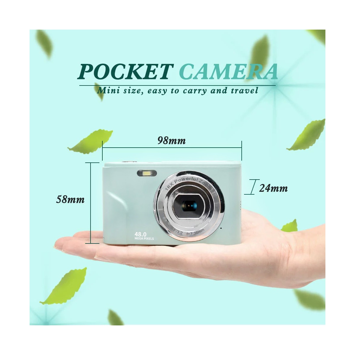 Digitalkamera med 48 MP, HD 1080p, 16x zoom, minnekort Grønn