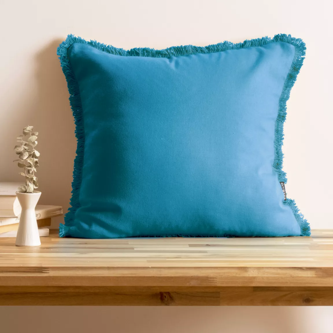 Coussin carré coton (45 x 45 cm) Pixel franges Bleu turquoise