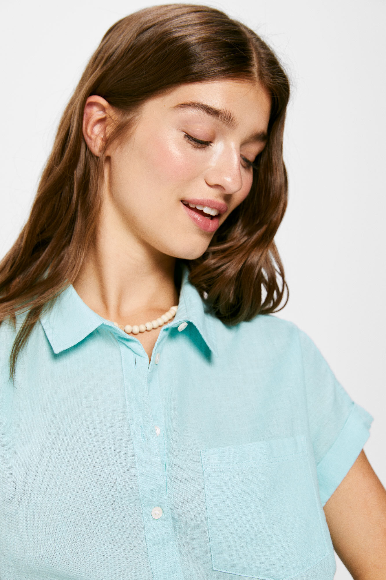 Blusa de manga curta em linho e algodão - Turquesa
