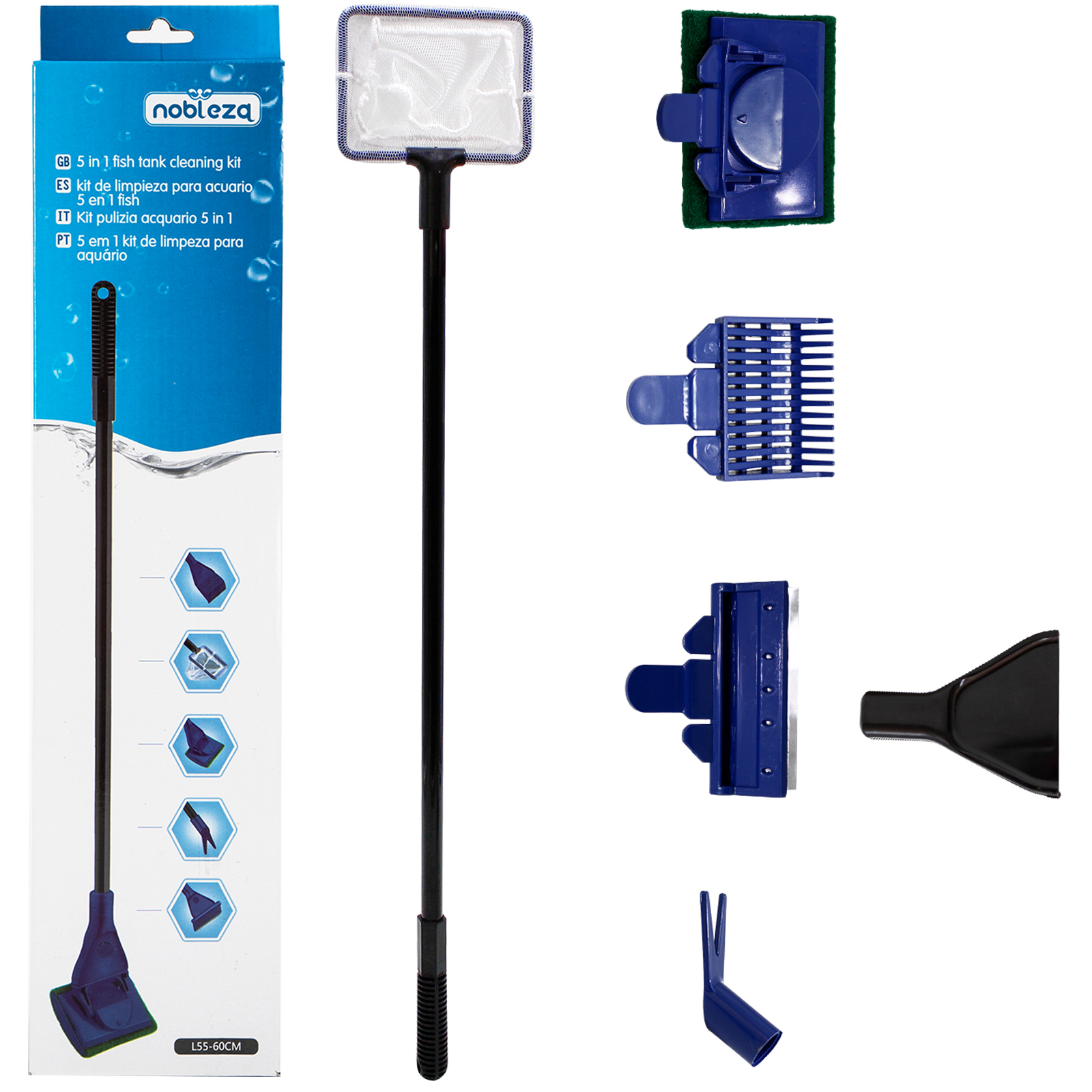 Nobleza - Kit de Limpeza para Aquário 5 em 1 com Rede, Esponja de Limpeza em Ângulo Reto, Rastelo para Cascalho, Raspador de Vidro e Esponja Plana Grande