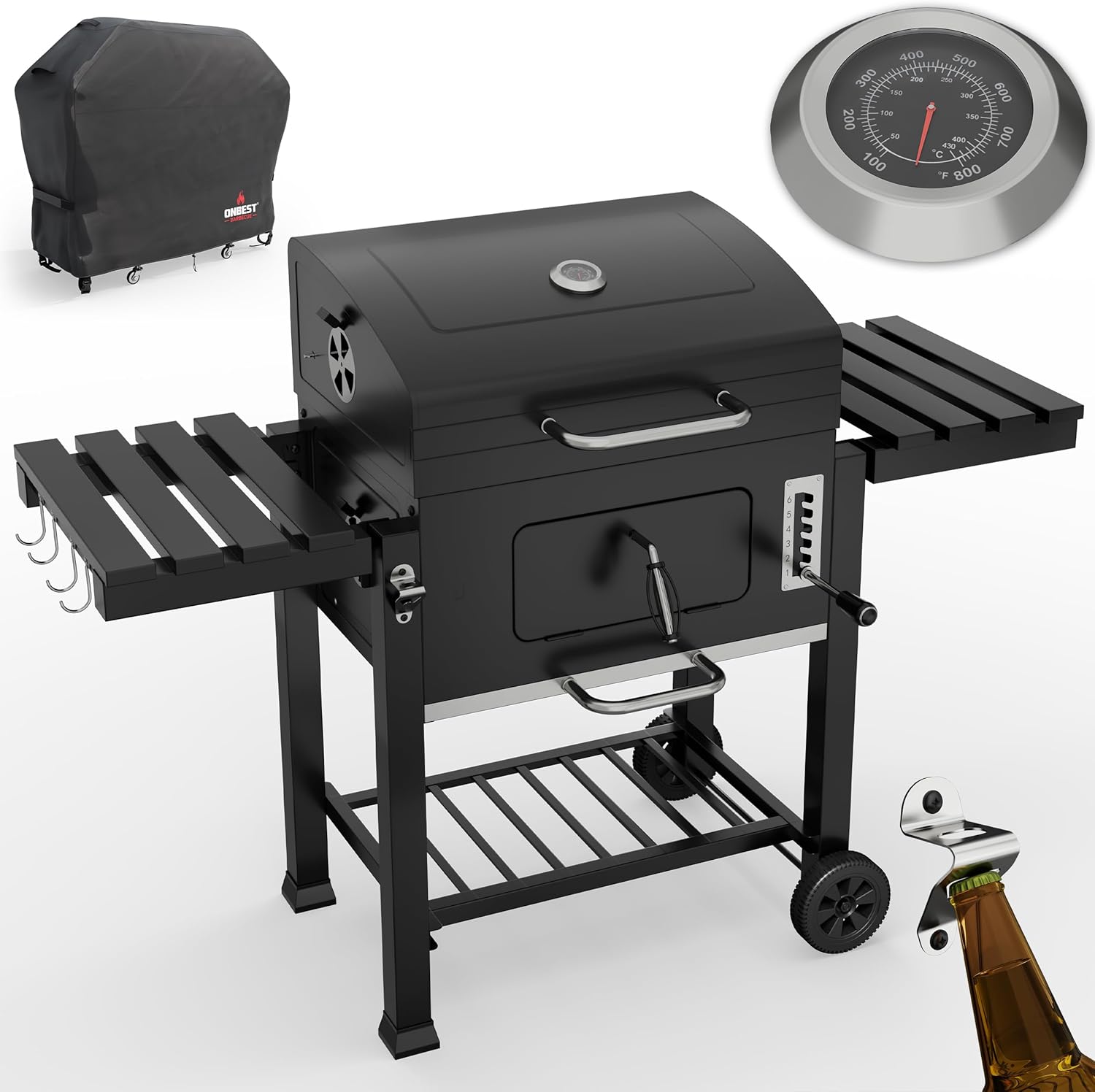 Holzkohlegrill mit Grillrost aus Gusseisen – PLUS Abdeckung - XXL BBQ Grill mit Deckel – mobiler Grillwagen mit klappbaren Ablagen – Grillrostverstellung –Thermometer – Flaschenöffner