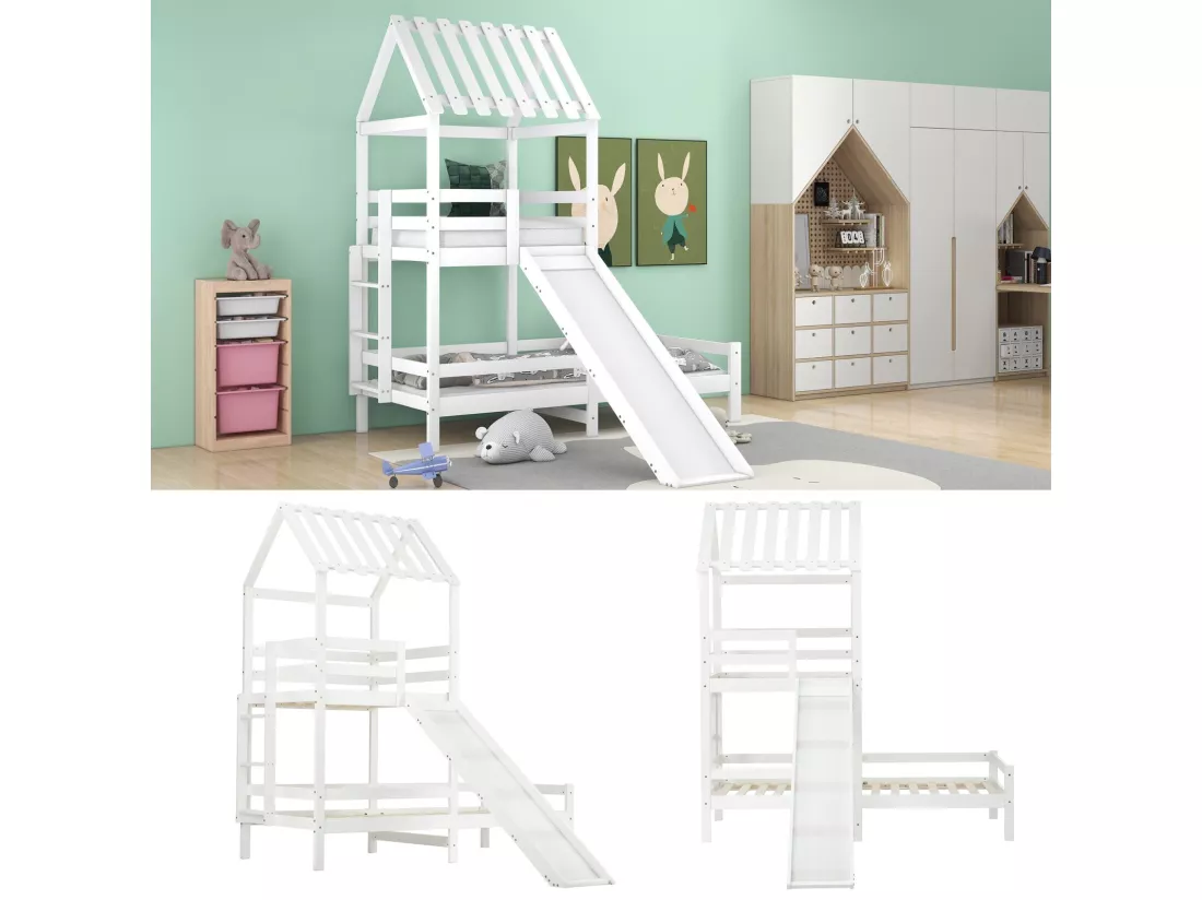 Lits superposés cabane 90x200cm et 90x100cm avec toboggan - Pin certifié FSC - Blanc