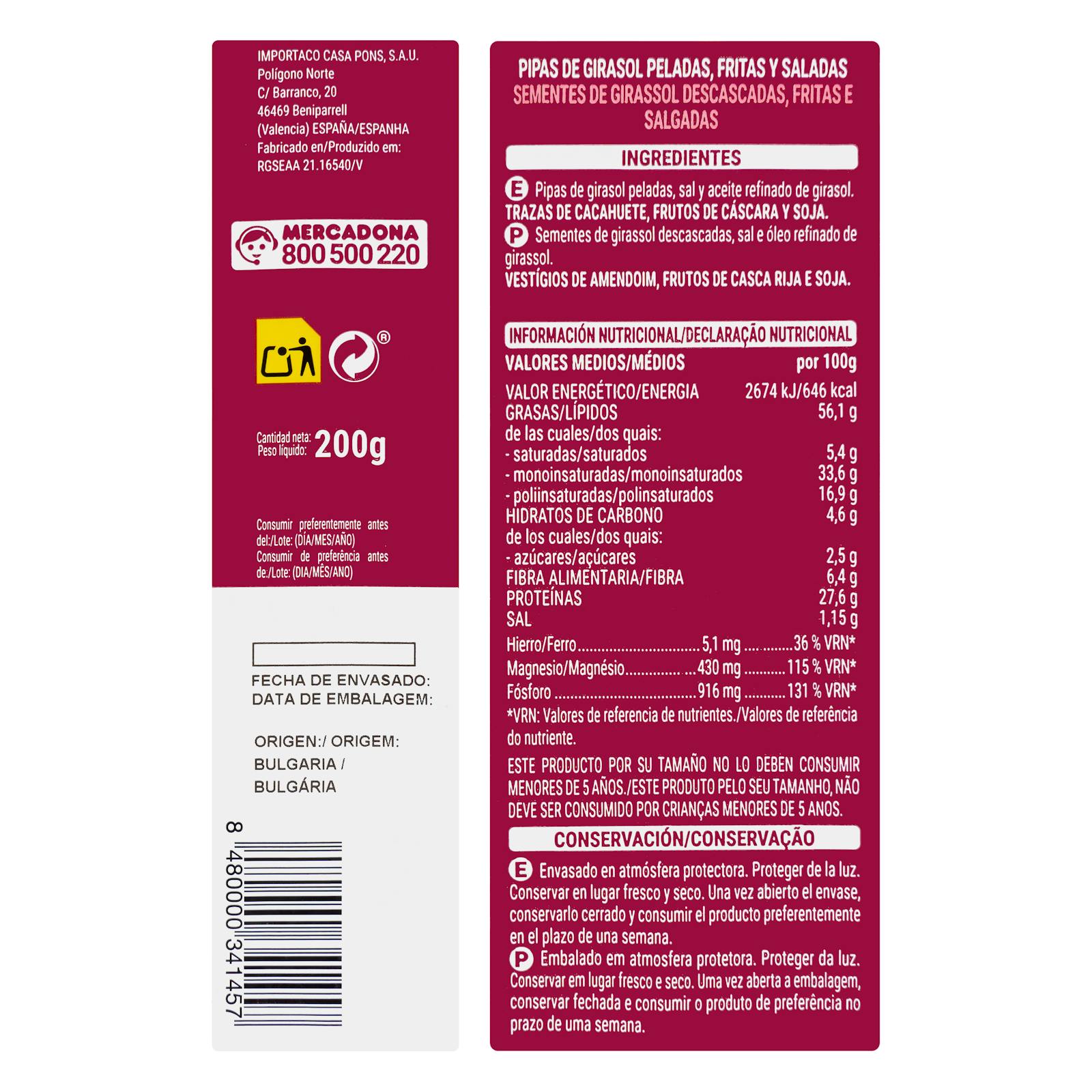 Graines de tournesol pelées et frites Hacendado