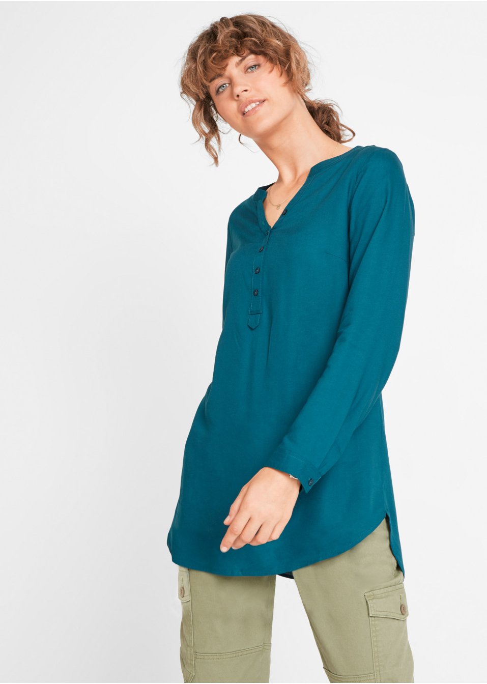 Blouse-tunique en viscose, col V et manches longues