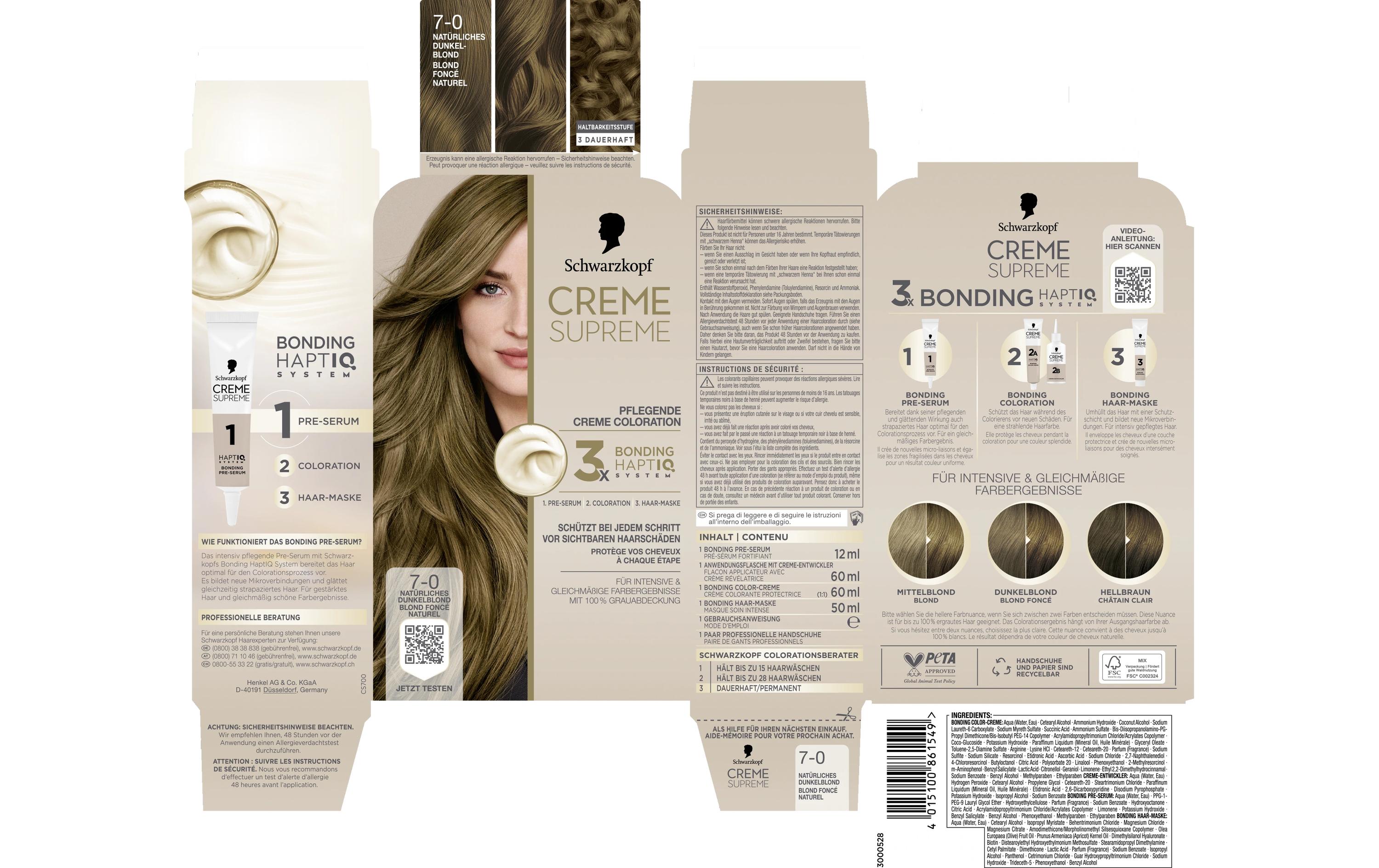 Haarcoloration Creme Supreme 7-0 Natürliches DunkelblondColoration, schützt das Haar sichtbar vor Haarschäden