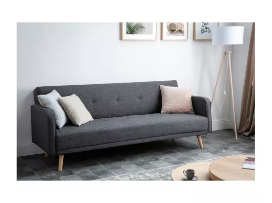 Canapé convertible scandinave 3 places en tissu gris foncé et bois clair ULLA