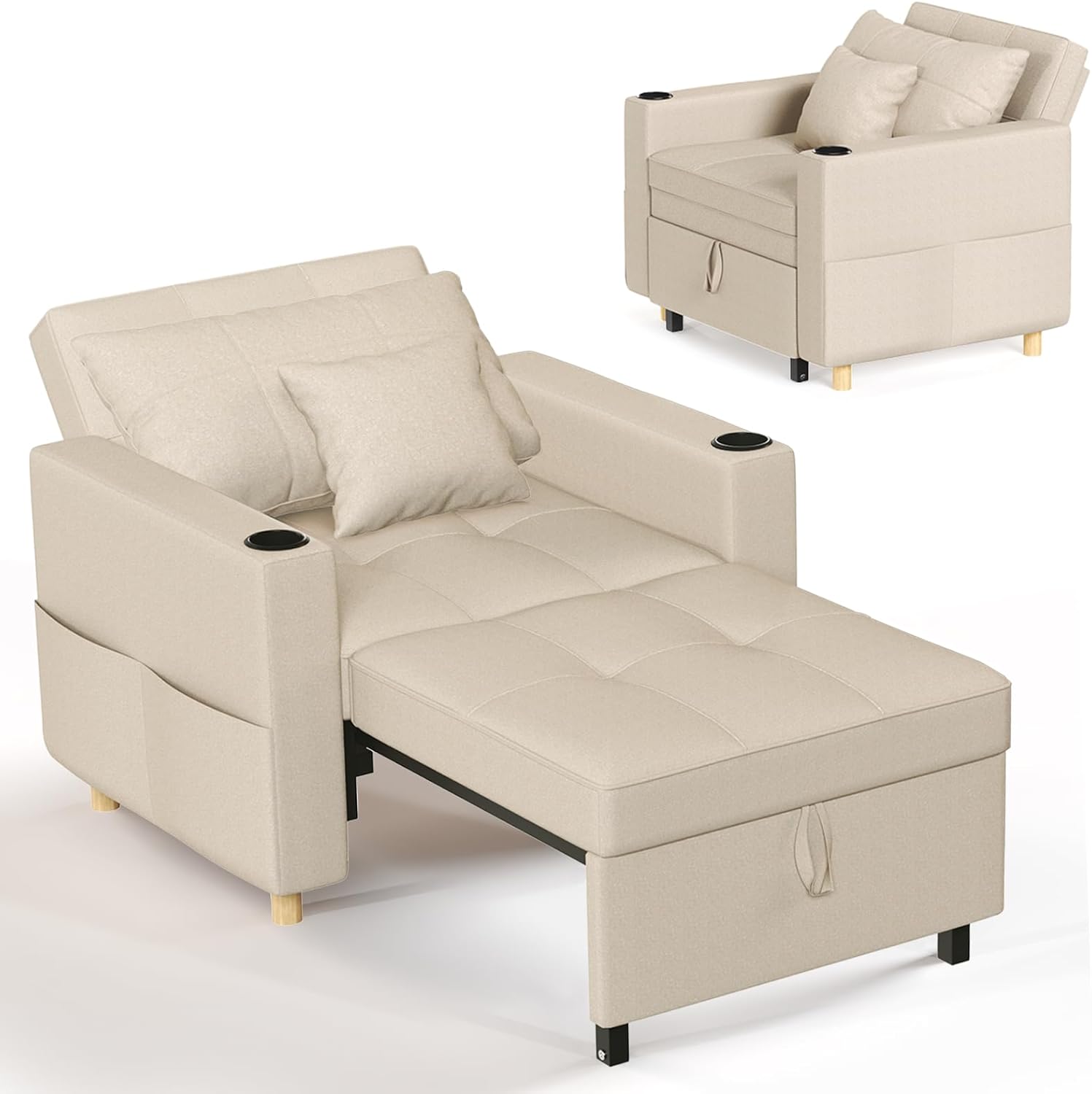 YODOLLA Schlafsessel 3-in-1, Ultrabreiter Klappsessel-Bett mit Verstellbarer Rückenlehne, Getränkehalter & Seitentasche, Einzelsessel Schlafsofa mit Schlaffunktion für Wohnzimmer, Wohnung, Beige