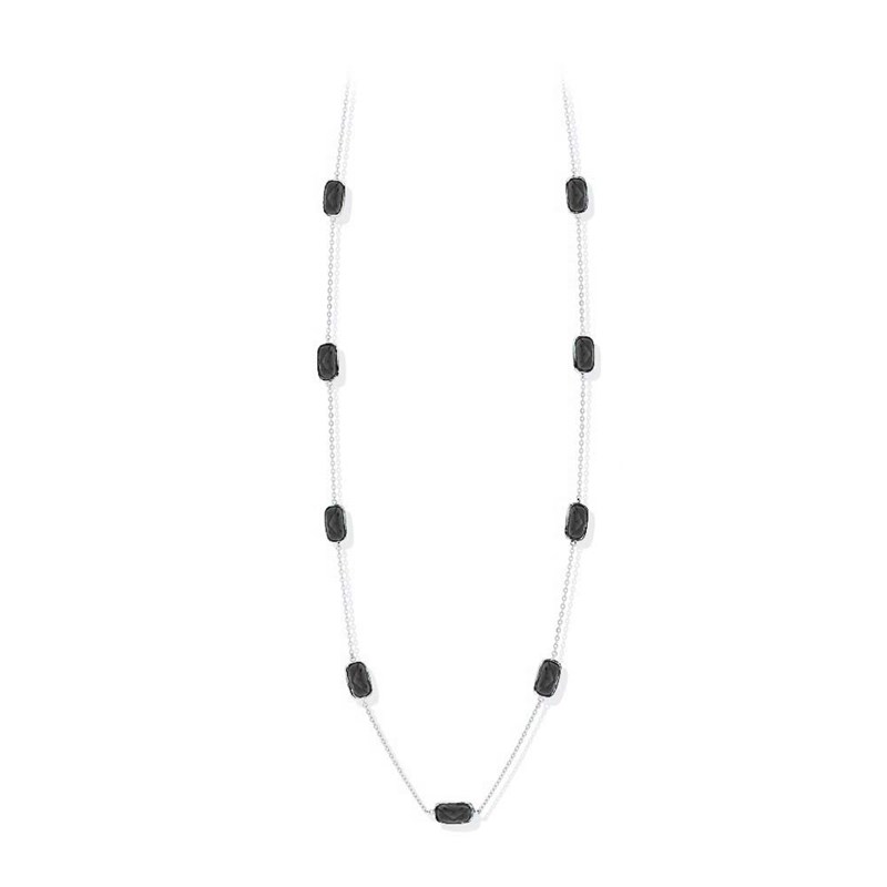 Collier Sautoir Argent Rhodié Galet Cristal Noir