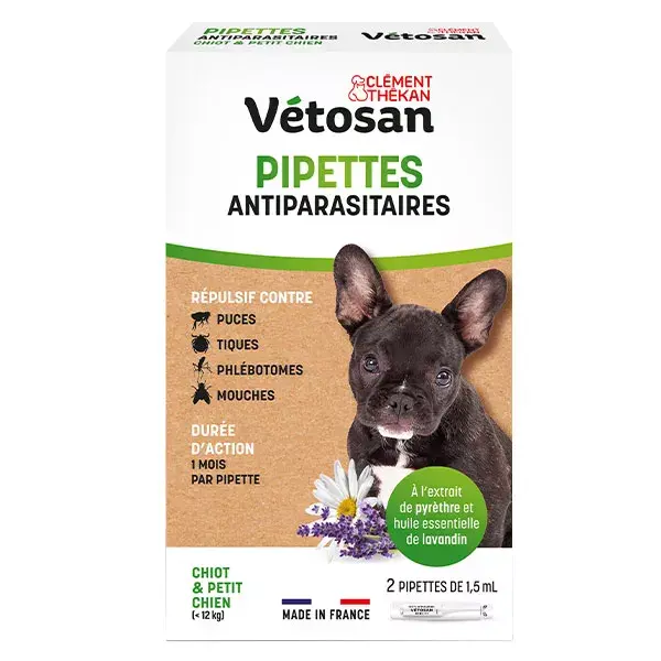 Clement Thekan Vetosan Tratamento contra pulgas e carrapatos para filhotes e cães de pequeno porte, 2 pipetas
