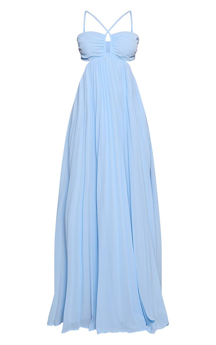 Bleu Robe Maxi Bandeau Petite Taille Avec Détails Plissés, Nœud Devant Et Découpe À La Taille