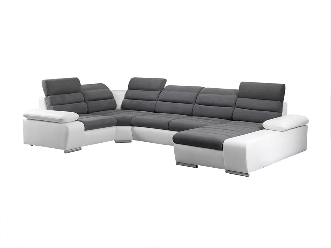 Canapé d'angle panoramique convertible en tissu et simili BOILEAU - Bicolore Gris/Blanc - Angle droit
