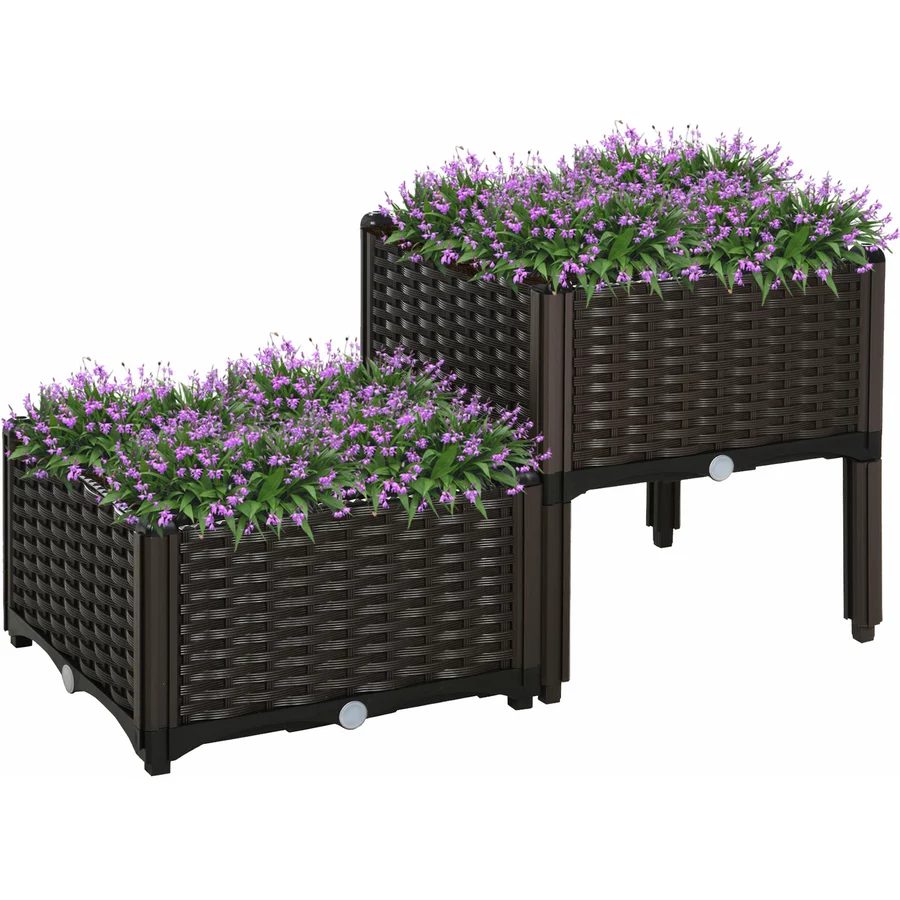 Outsunny 2-teiliges Hochbeet in Rattan-Optik dunkelbraun