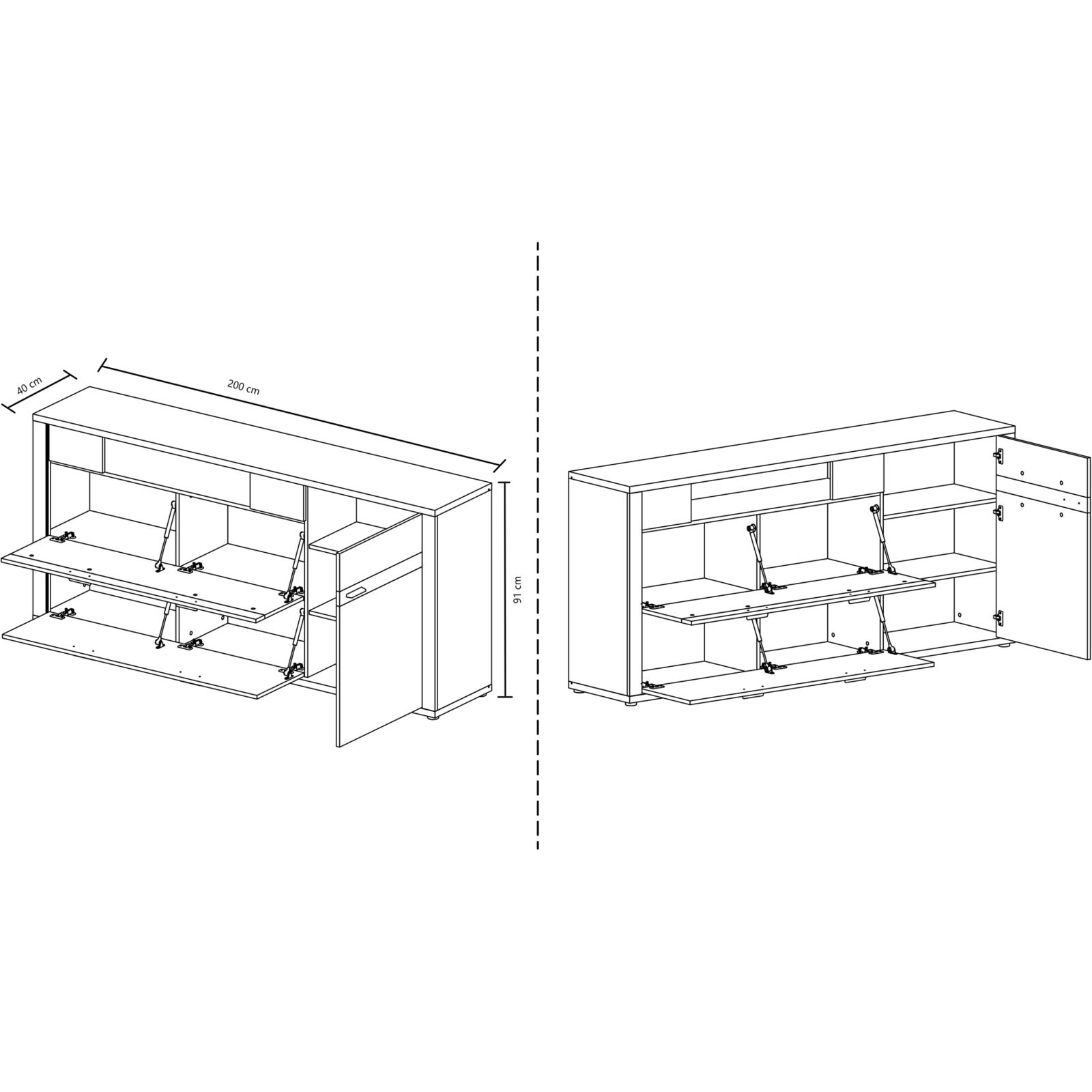 Sideboard Alenas Melamin Artisan weiss 200 x 91 x 40 cm inkl. seitliche LED-Leisten im Rahmen