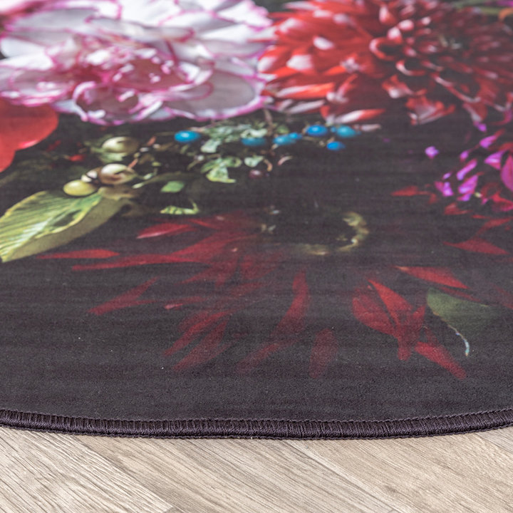 Rond bloemen vloerkleed - Florine Zwart/Roze | Kleurrijk