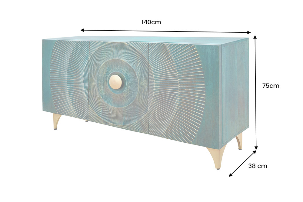 Handgearbeitetes Sideboard GOLDEN SUNSET 140cm türkis mit 3D Schnitzereien gold Mangoholz Metallbeine