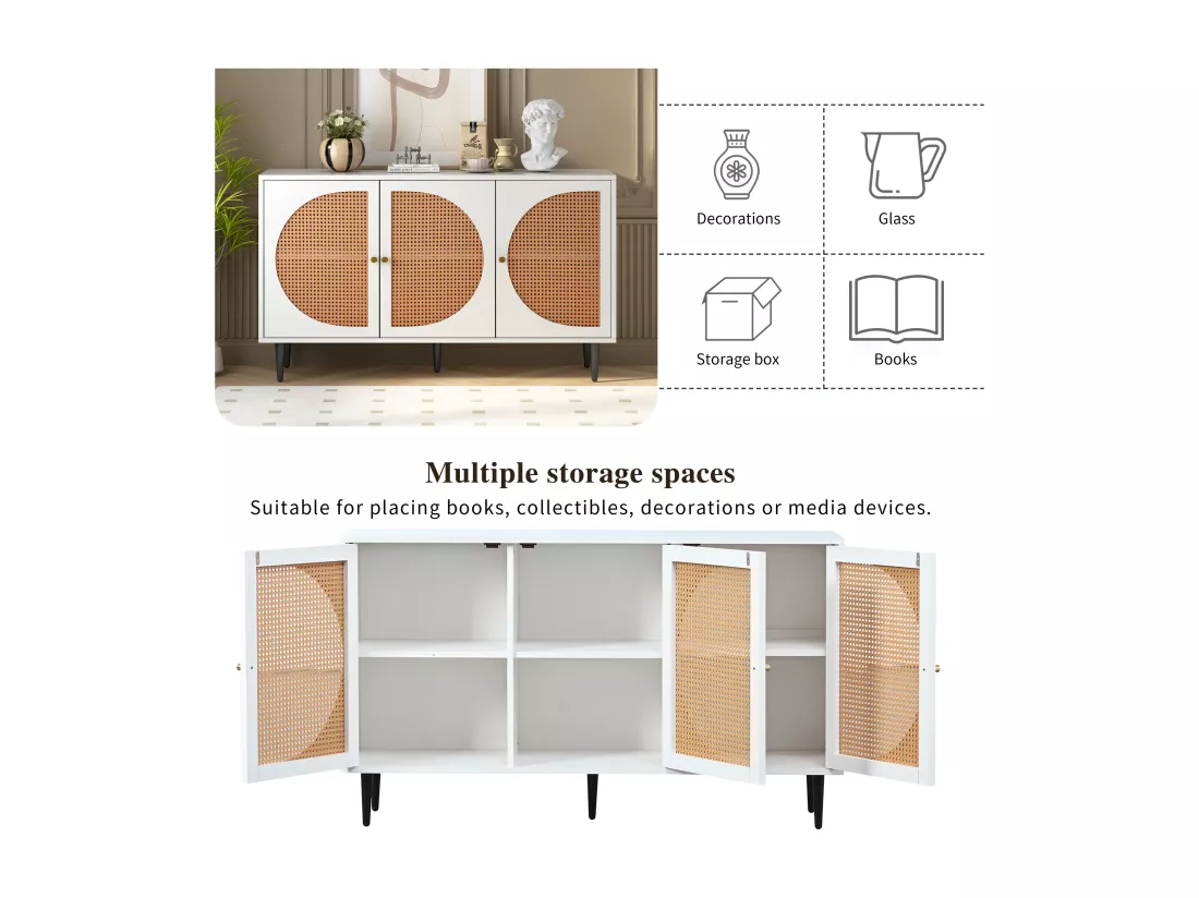 Buffet effet bois noyer avec 3 portes en rotin poignées pieds dorés 129,8x40x76cm OMOILL