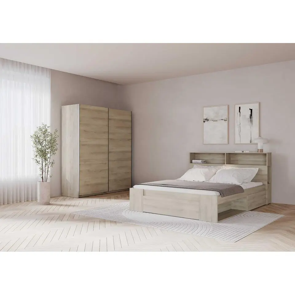 Tweepersoonsbed Maksim - 140x190/200cm - met opbergruimte - eikdecor