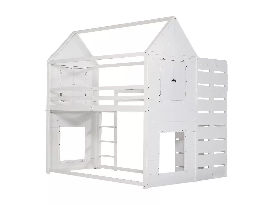 Lit mezzanine 90x200 cm en bois massif - avec bureau et échelle - Blanc