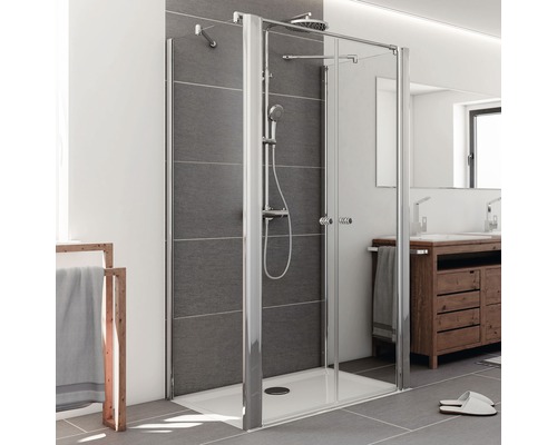 U-vormige cabine met draaideur inclusief twee zijpanelen, Breuer Elana 6, 100x100 cm, helder glas, zilver profiel.