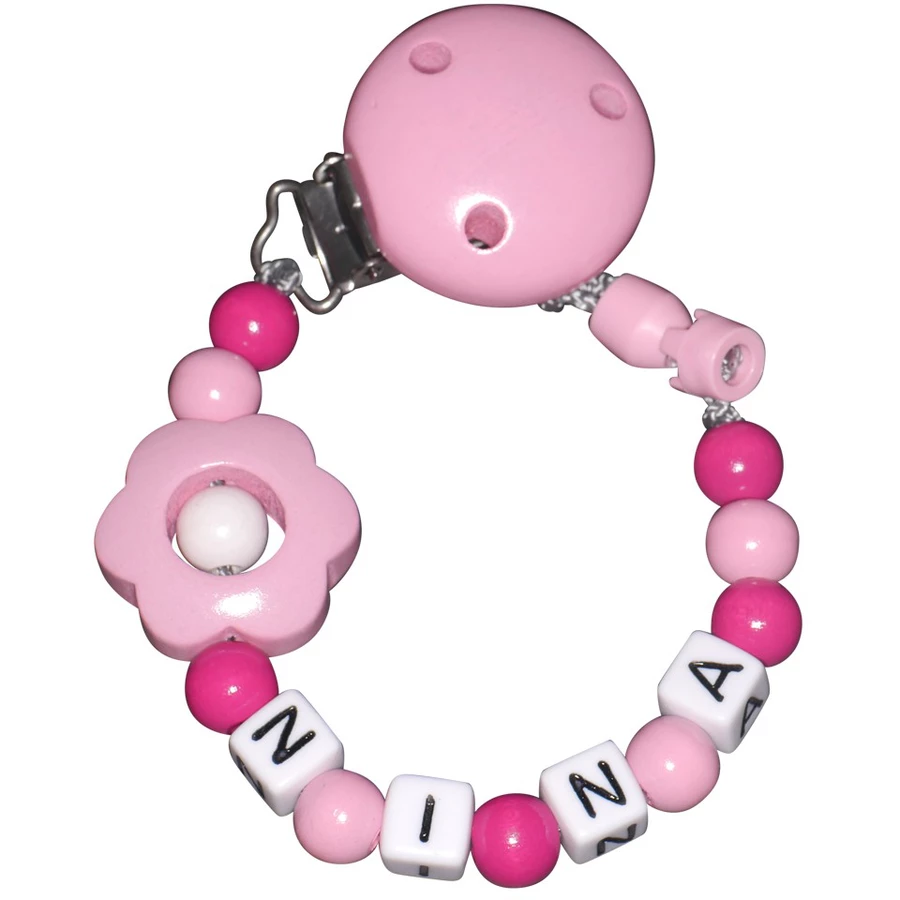 Schnullireich Schnullerkette mit Namen Blume (Kunststoff-Buchstaben) Rosa