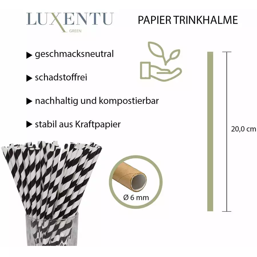 Luxentu Papier-Trinkhalme gestreift 20 cm 100er Set schwarz