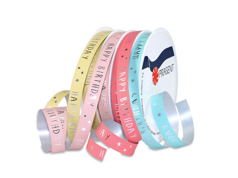 Pattberg Geschenkband Happy Birthday 10 mm x 20 m, 6 Stück Kräuselband für Geschenke