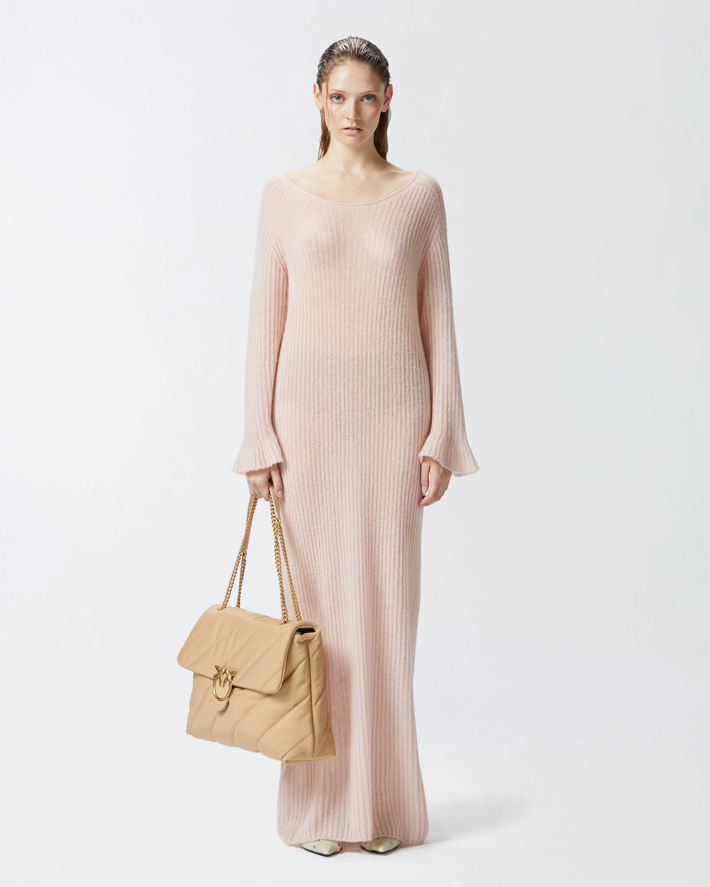 Robe longue côtelée légère effet voile | Rose