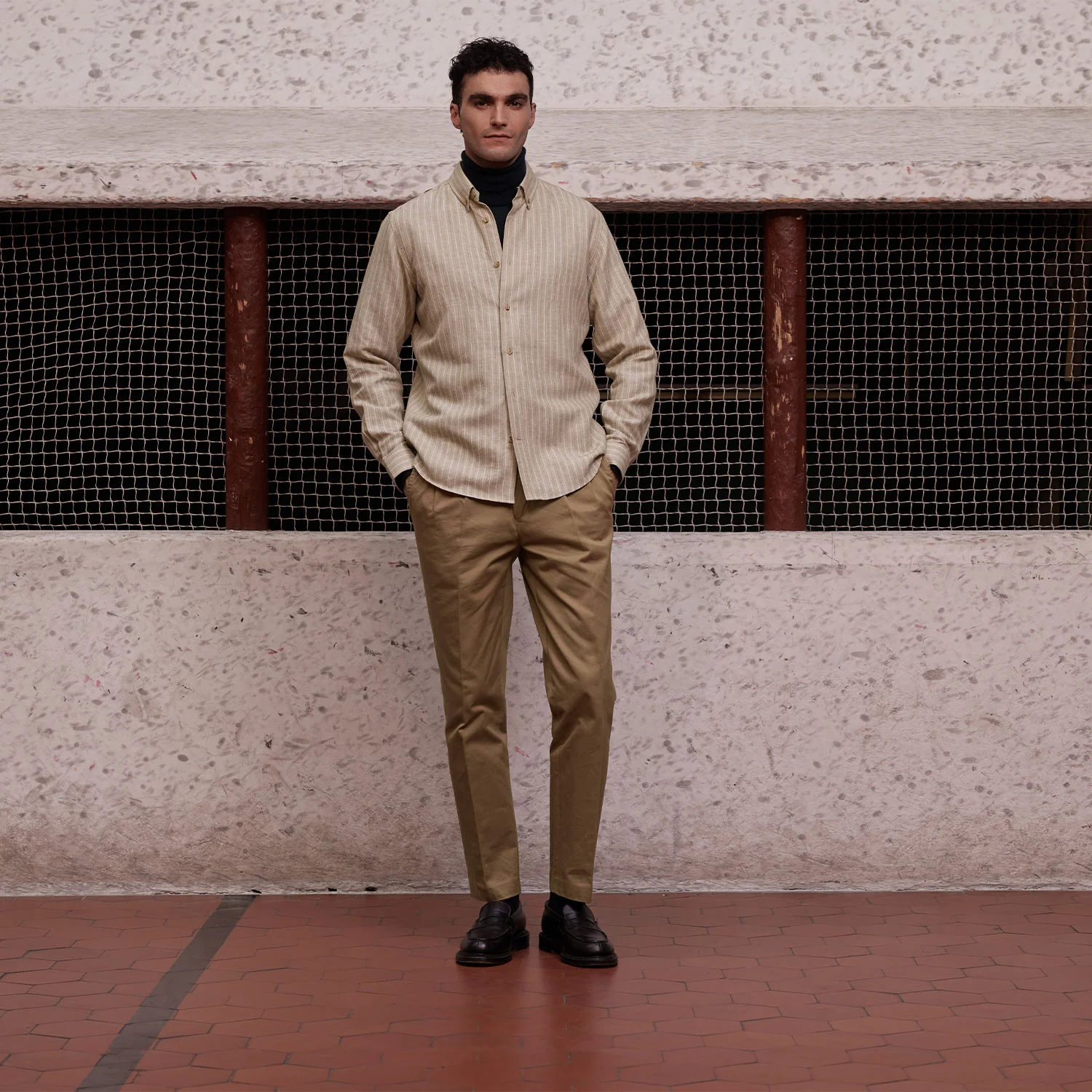 Beige striped cotton, hemp and merino wool shirt
