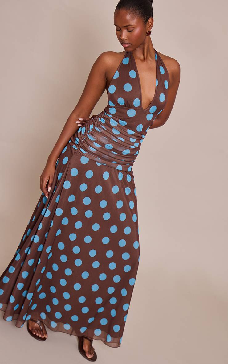 Marron Robe Longue En Mousseline À Pois Et Col Licou