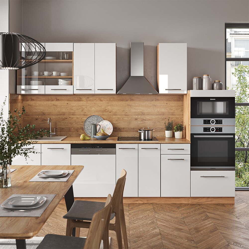 Vicco Küchenzeile Küchenblock Einbauküche Fame-Line Eiche Weiß 300 cm modern Küchen Schränke Schubunterschrank Unterschrank Spülenunterschrank Hängeschrank Mikrowellenschrank Geschirrspülerblende