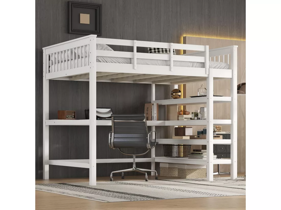 Lit mezzanine 140 x 200 cm avec bureau et étagères de rangement - Bois de pin + MDF - Blanc