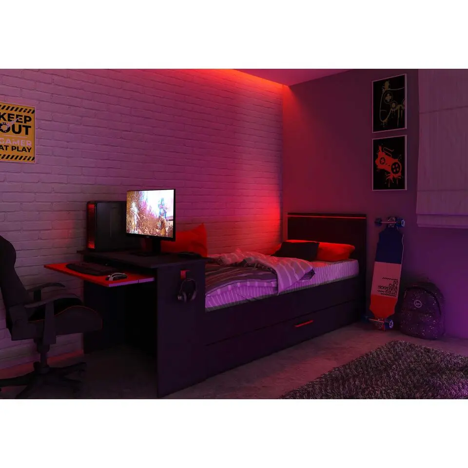Bed Bzone 90x200 cm met bedlade, bureau en ledverlichting - antraciet