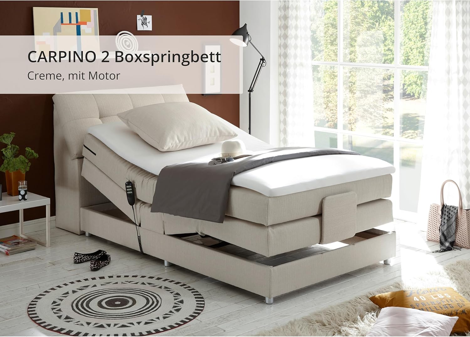 CARPINO Boxspringbett 120x200 elektrisch verstellbar, Creme - Bequemes Einzelbett mit dekorativer Steppung und Komfortschaum Topper - 120 x 110 x 234 cm (B/H/T)