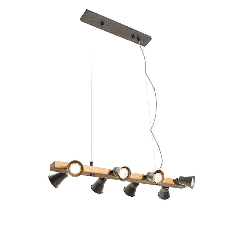 Landelijke hanglamp zwart met hout 8-lichts - Jelle
