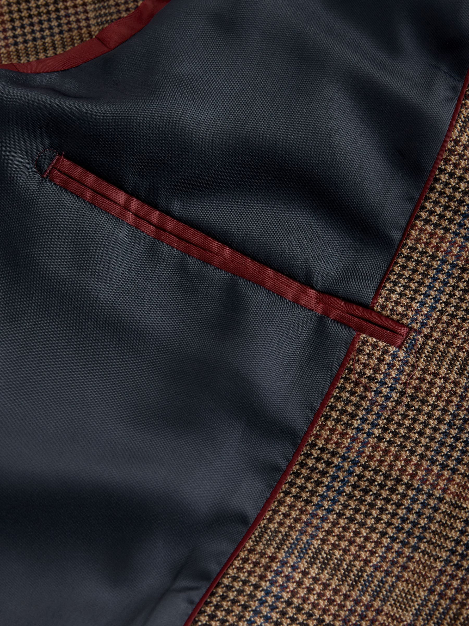 Bruin/rood - Slim fit wolmix geruit pak: jack