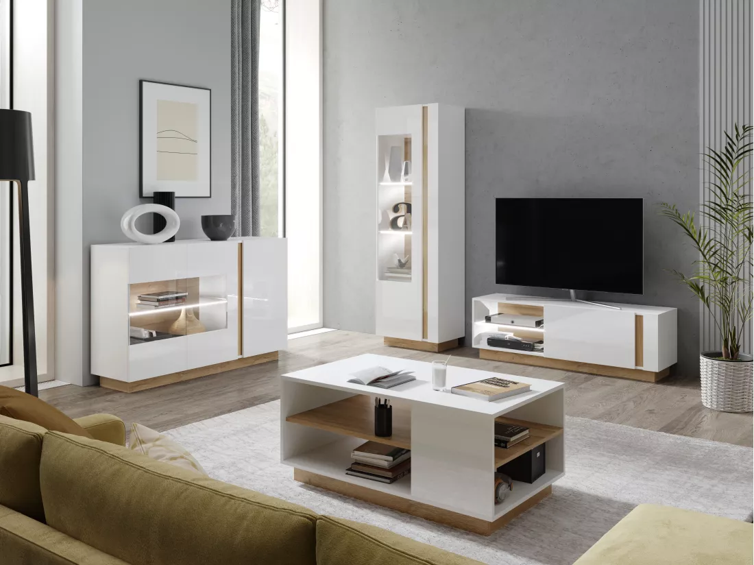 Buffet MURARI - 3 portes - Avec LEDs - Blanc brillant et chêne