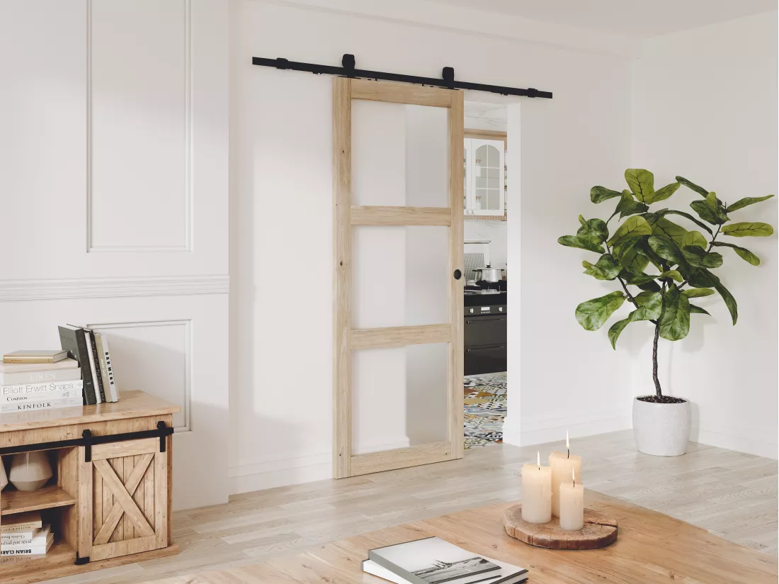 Porte coulissante avec système en applique en bois et verre trempé dépoli - 3 fenêtres - H205 x L73 cm - ACOSTA II