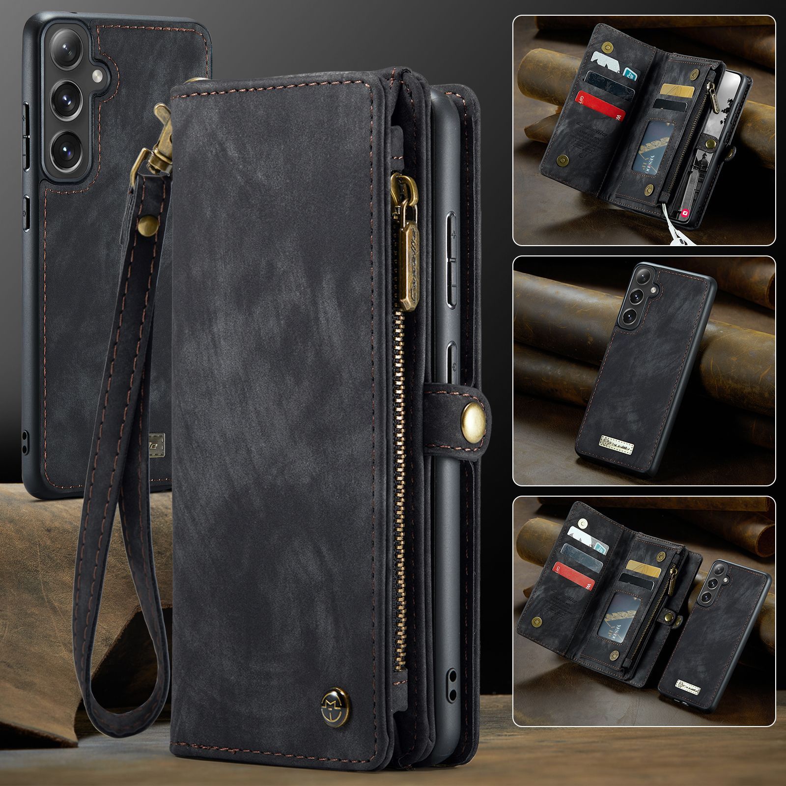 Samsung Galaxy S24 FE 2in1 Leder Tasche   Magnet Hardcase Karten Etui - Schwarz