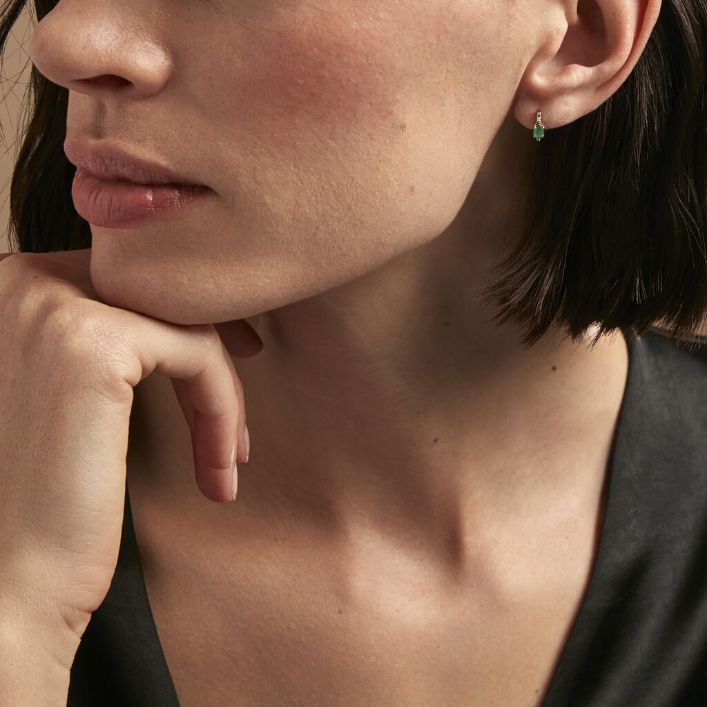 Boucles D'oreilles Puces Barrett Or Jaune Emeraude Diamant