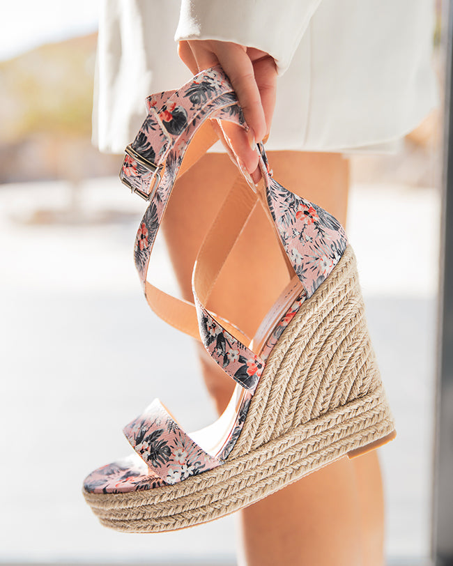 Sandale femme compensé daim fleurs - Elise