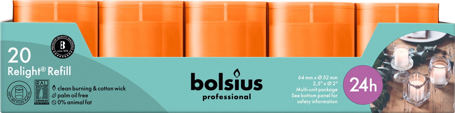 Bolsius Horeca Relight® Navullingen 64/52 Oranje (20 stuks)