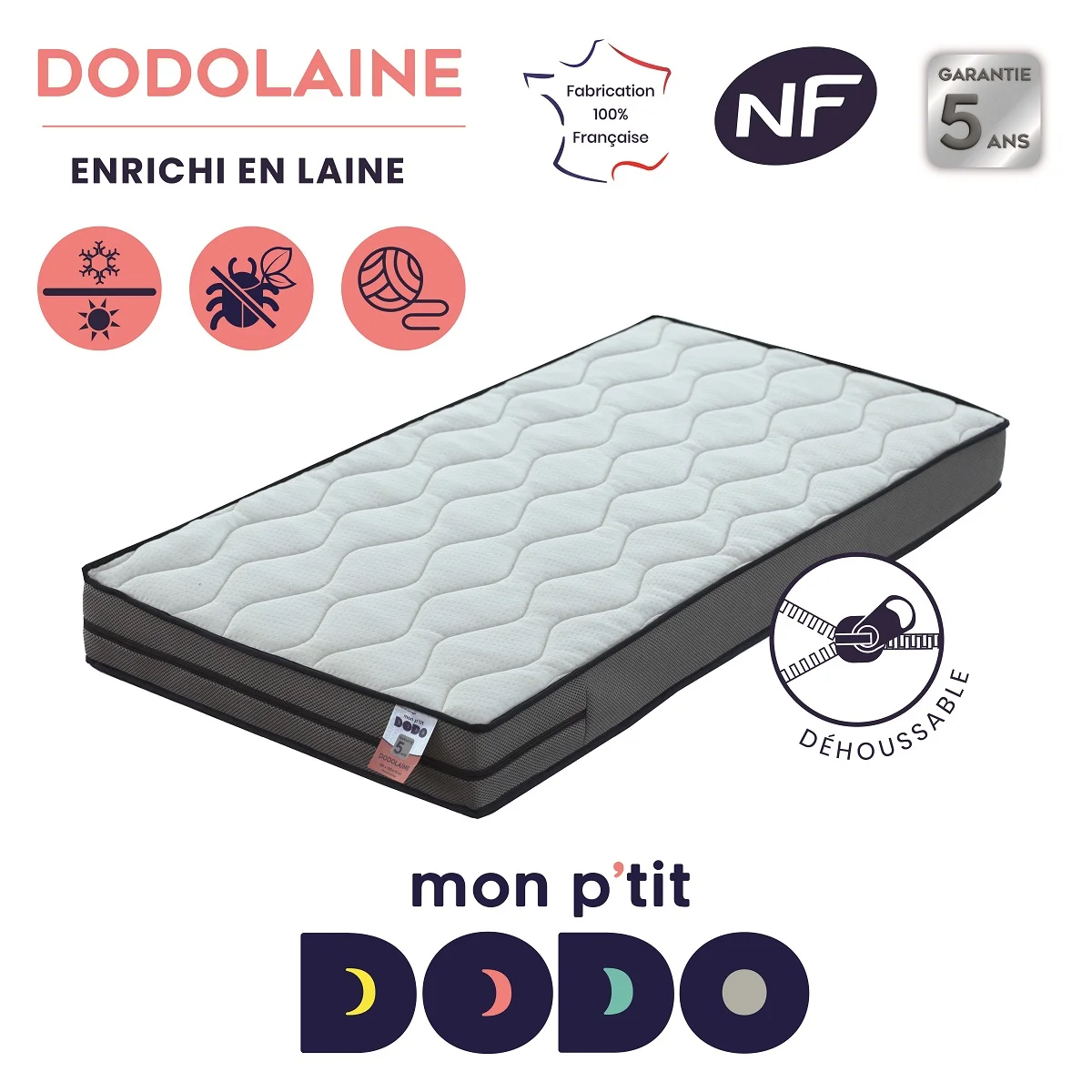 Matelas Bébe Dodolaine - Face été/face hiver - DEHOUSSABLE