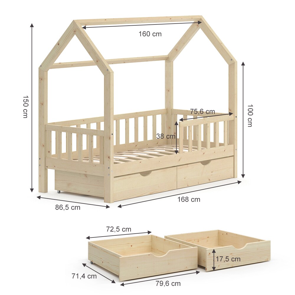 VitaliSpa Kinderbett Hausbett Spielbett Wiki 80x160 inkl Matratze 2 Schubladen