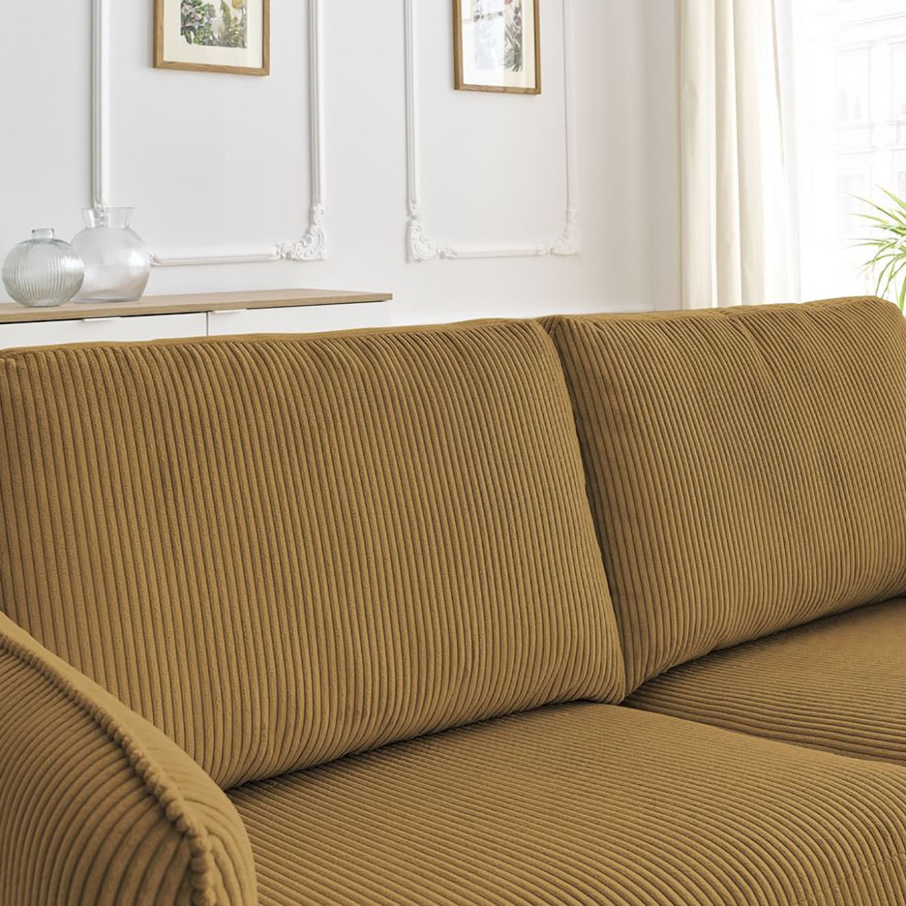 Bobochic Canapé droit convertible express en Velours côtelé 3 places Lenny jaune - 178x102x89 cm