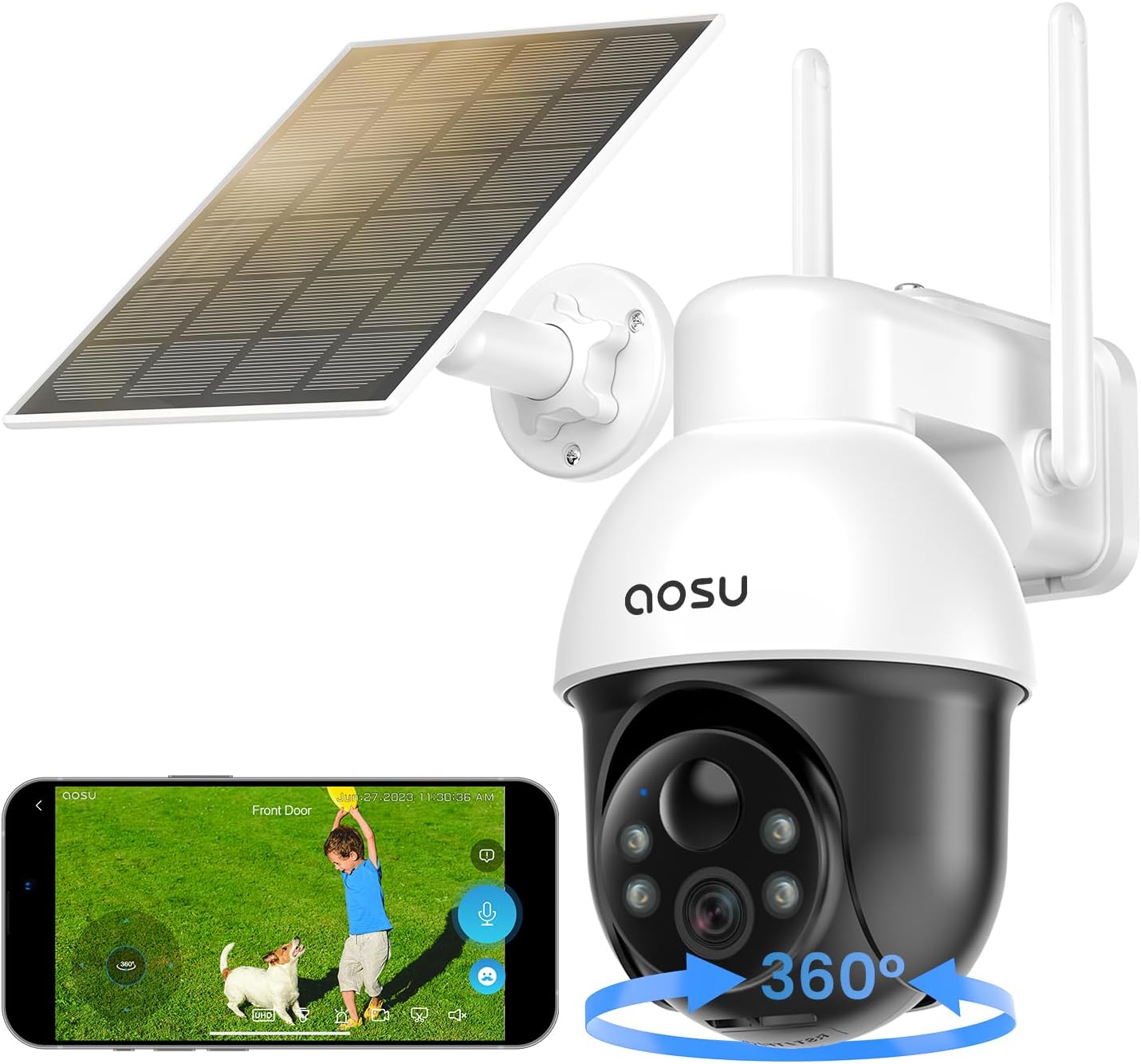 aosu 3K Überwachungskamera Aussen Akku Solar, 5MP Kabellose WLAN-Überwachungskamera für den Außenbereich zur Haussicherheit, 360° Panoramisches PTZ, Automatische Verfolgung, Nachtsicht, 2 STK