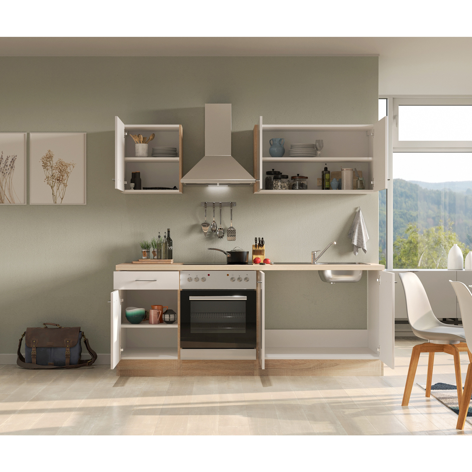 Küchenblock NEPAL - Kaschmir Glanz - Sonoma Eiche - mit E-Geräten - 210 cm