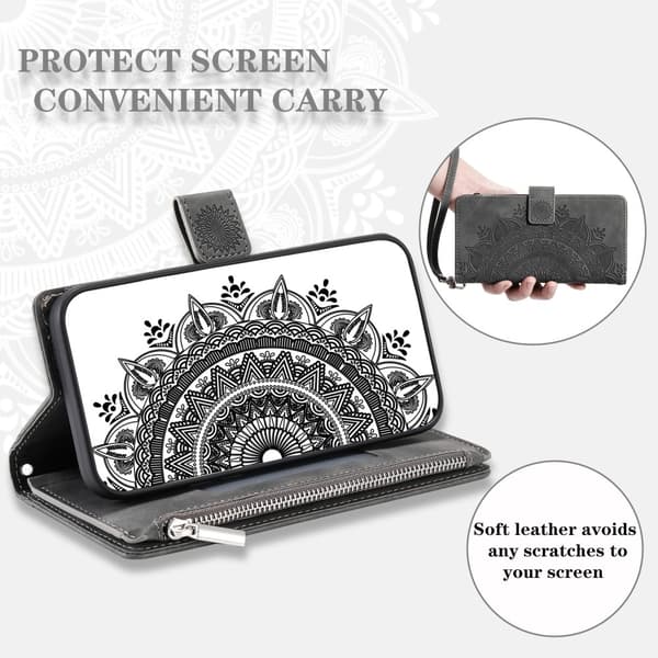 For Samsung Galaxy A56 Lommebok Deksel Shell Mandala Blomstermønster - Grå