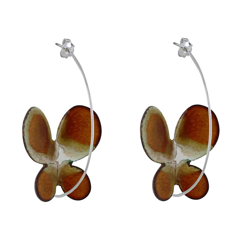 Boucles d'Oreilles Papillons Émaillés Marron et Blanc